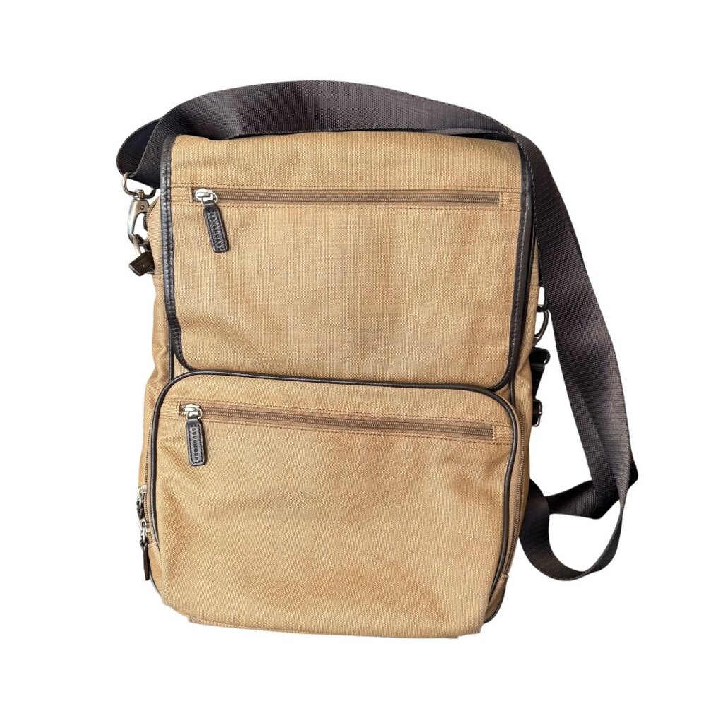 Levenger Tan Canvas Messenger Bag With Multiple Zipper Pockets & Black Strap